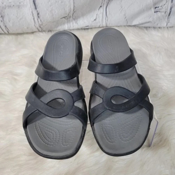CROCS Womens size 10 Open Toe Slip On Low Wedge Strappy Slides Black Gray Casual - Picture 6 of 8